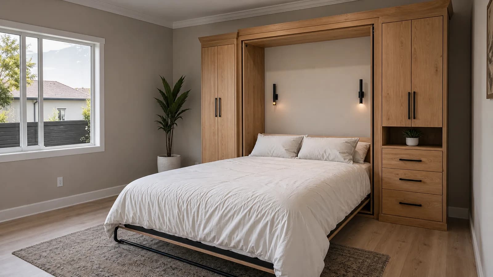 A completed light-wood Murphy bed installation in a modern guest room