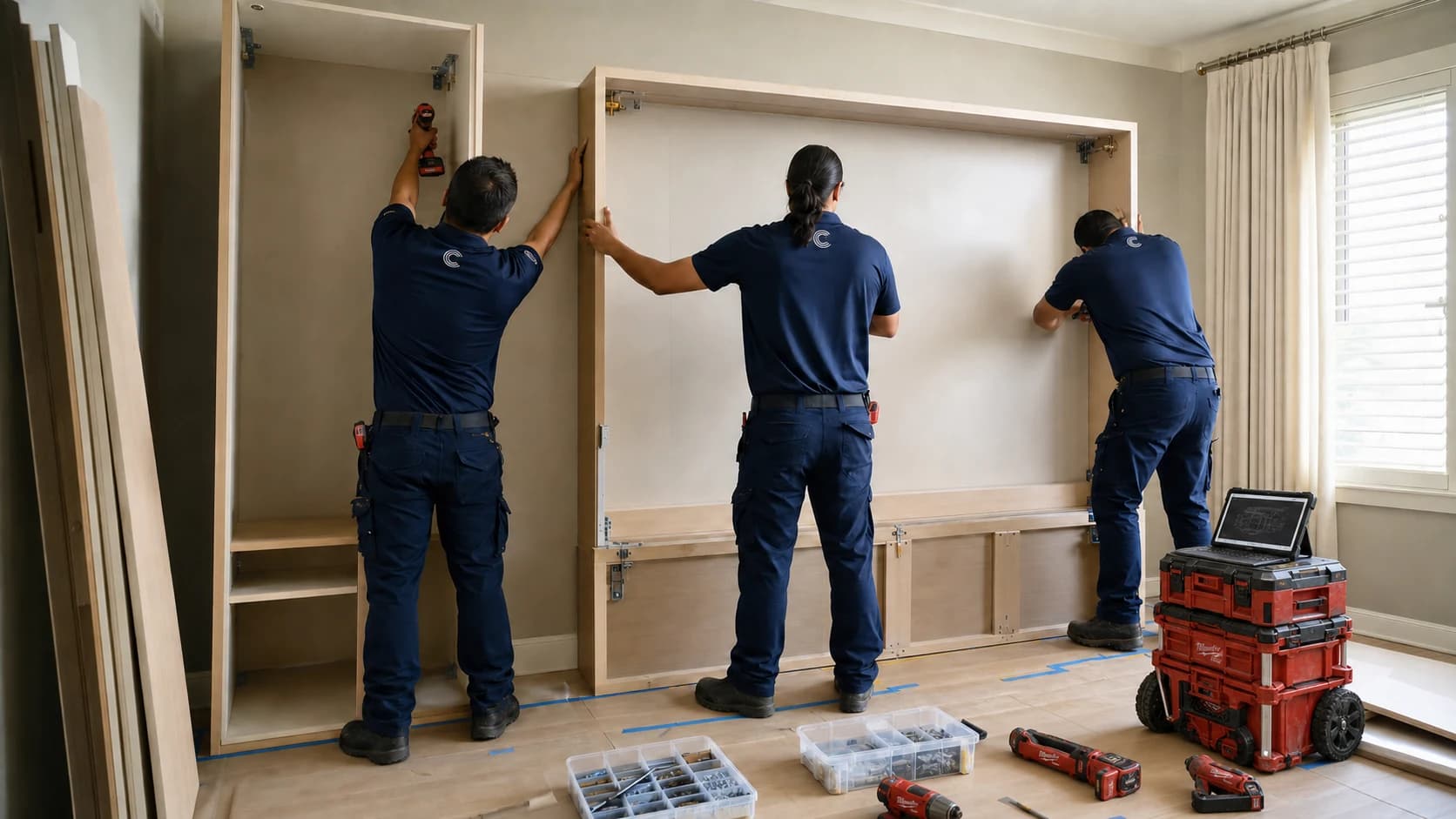 Illustrative installers organizing and assembling a wall-bed cabinet with professional tools