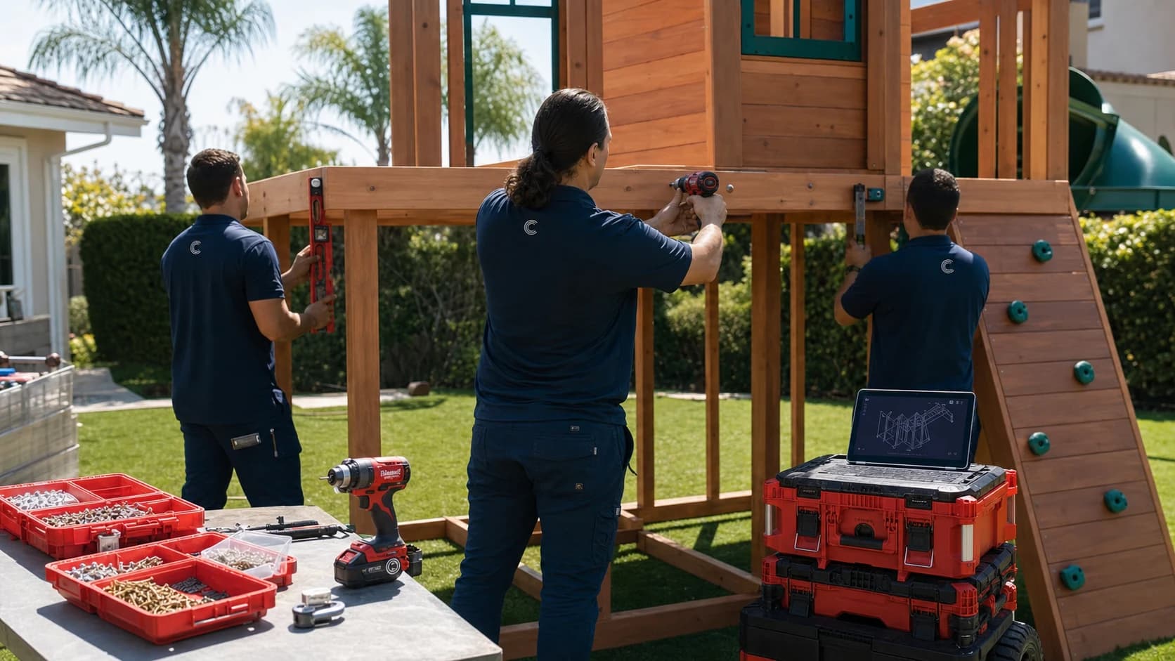 Illustrative installers organizing a large prefabricated outdoor kit with professional tools