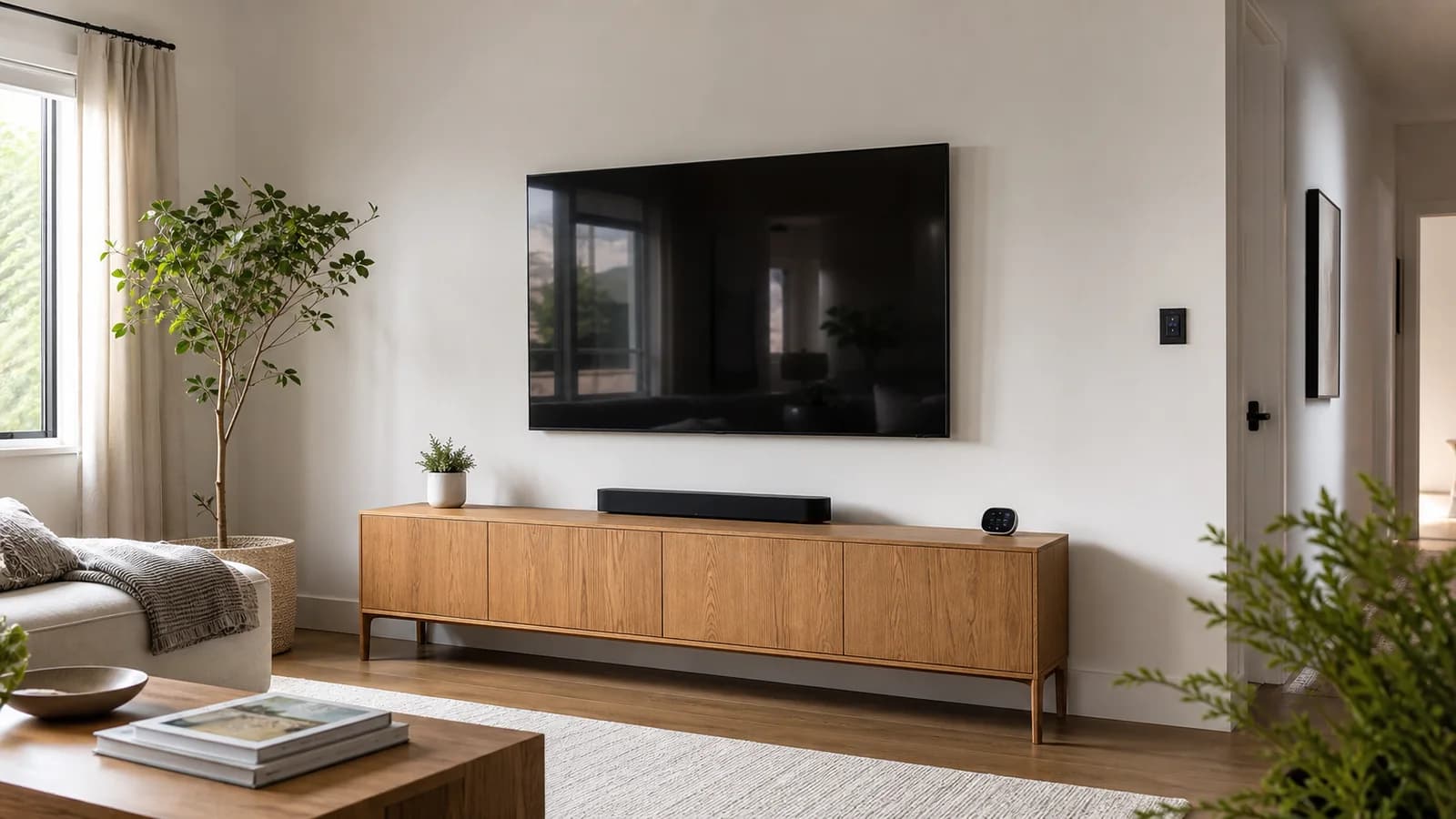 A wall-mounted television with a soundbar and concealed cable routing