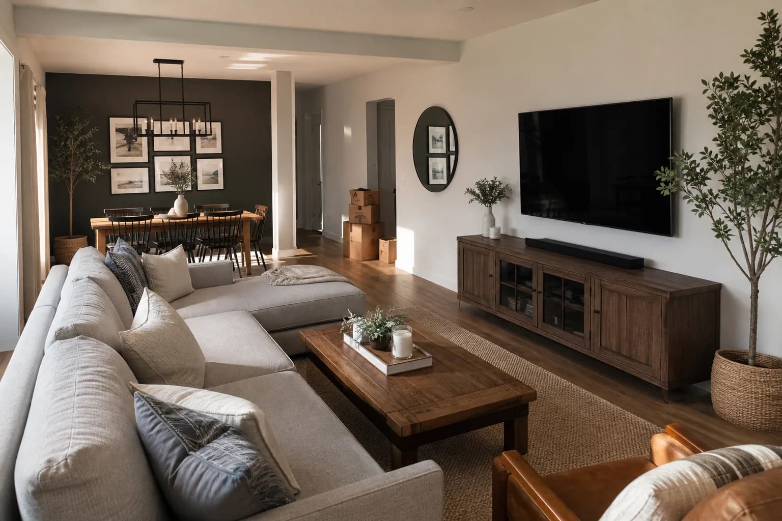 Illustrative finished living space with built-in cabinetry and organized furnishings