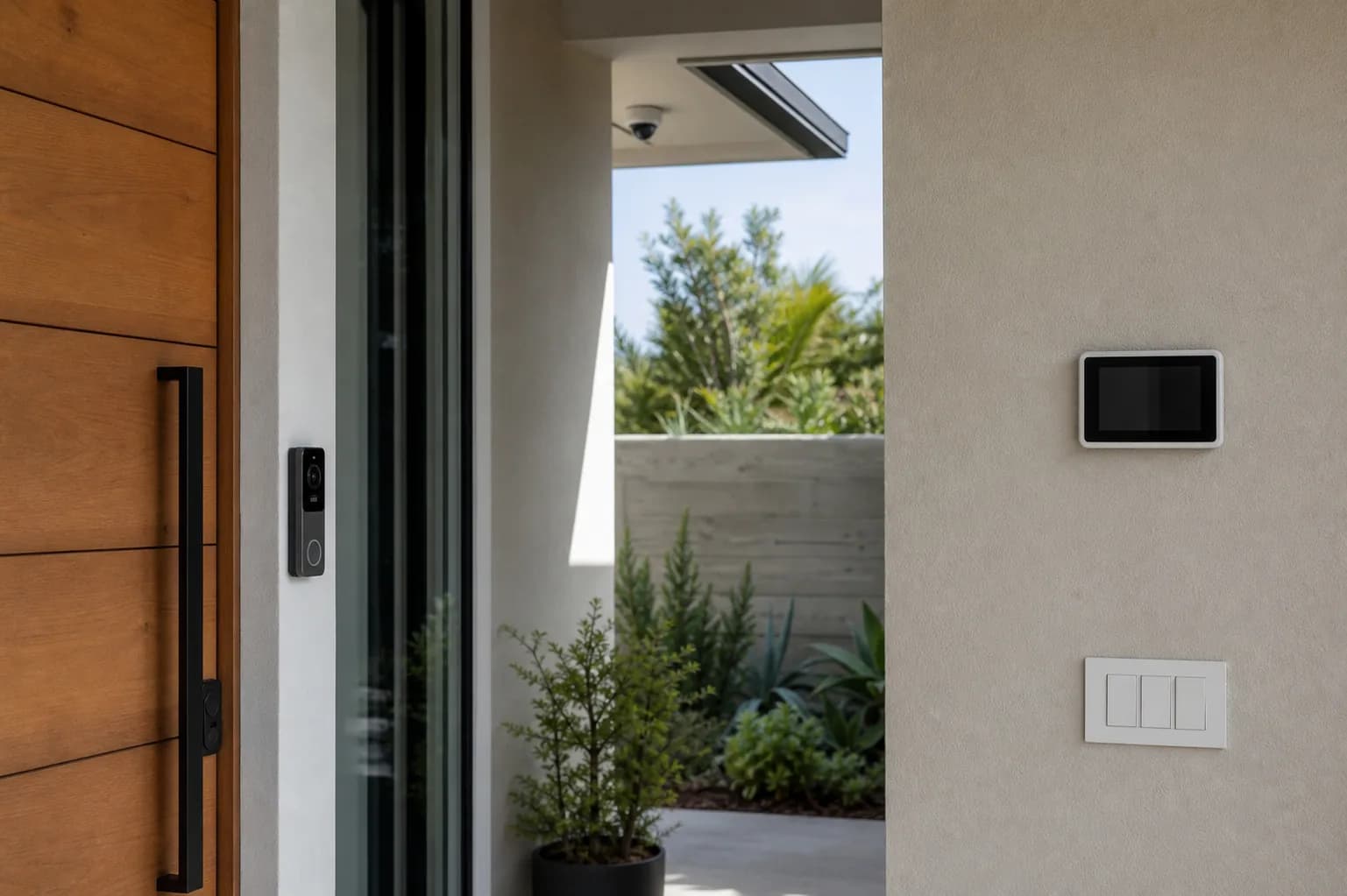 Illustrative entryway with a video doorbell, security camera, smart control panel, and organized network equipment