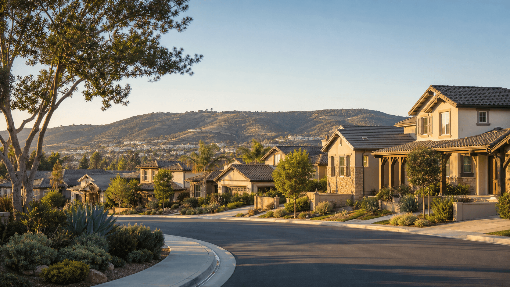 Illustrative newer residential hillside streetscape inspired by Carmel Valley.