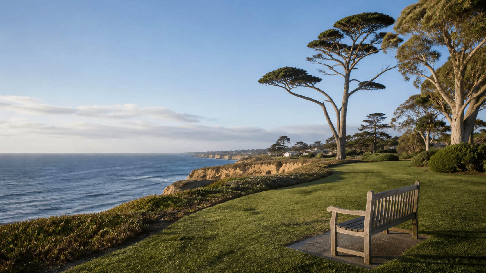 Illustrative bluff-top park and Pacific Ocean view inspired by Del Mar's coastal park setting.