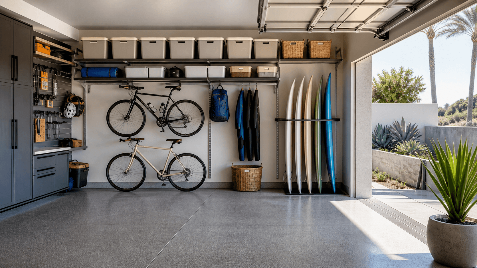 Illustrative organized coastal Southern California garage with shelving, bicycles, and surfboards.