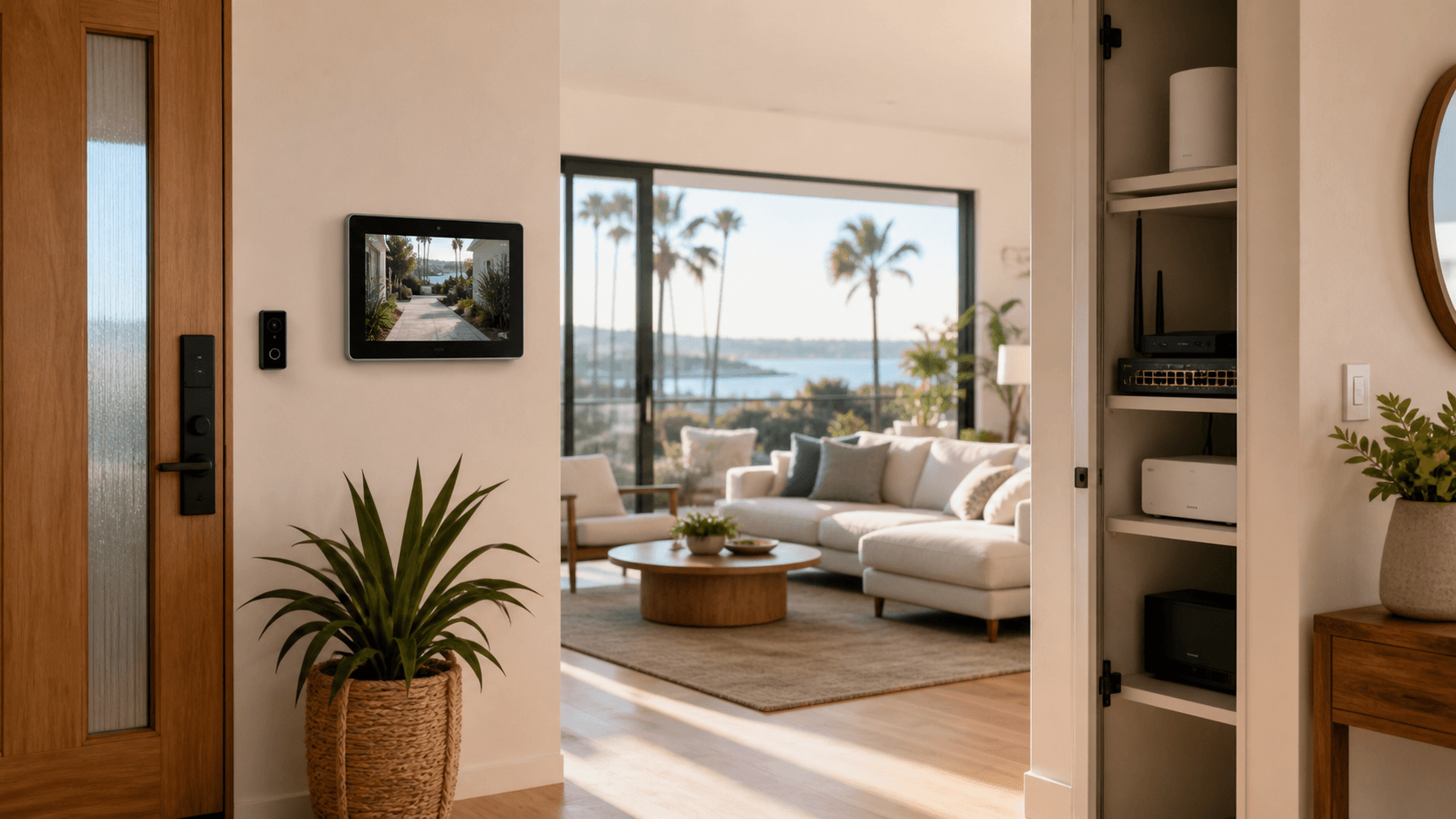 Illustrative San Diego entryway with integrated smart-home equipment and tidy network storage.