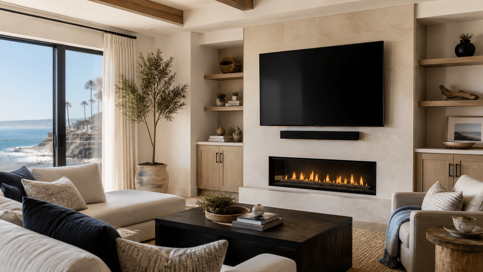 Illustrative coastal living room with a TV mounted above a fireplace and a soundbar below.