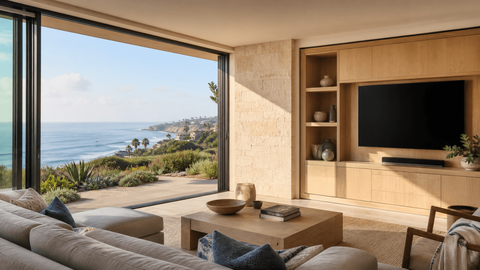 Illustrative coastal-home lifestyle scene inspired by La Jolla's ocean-facing residences.