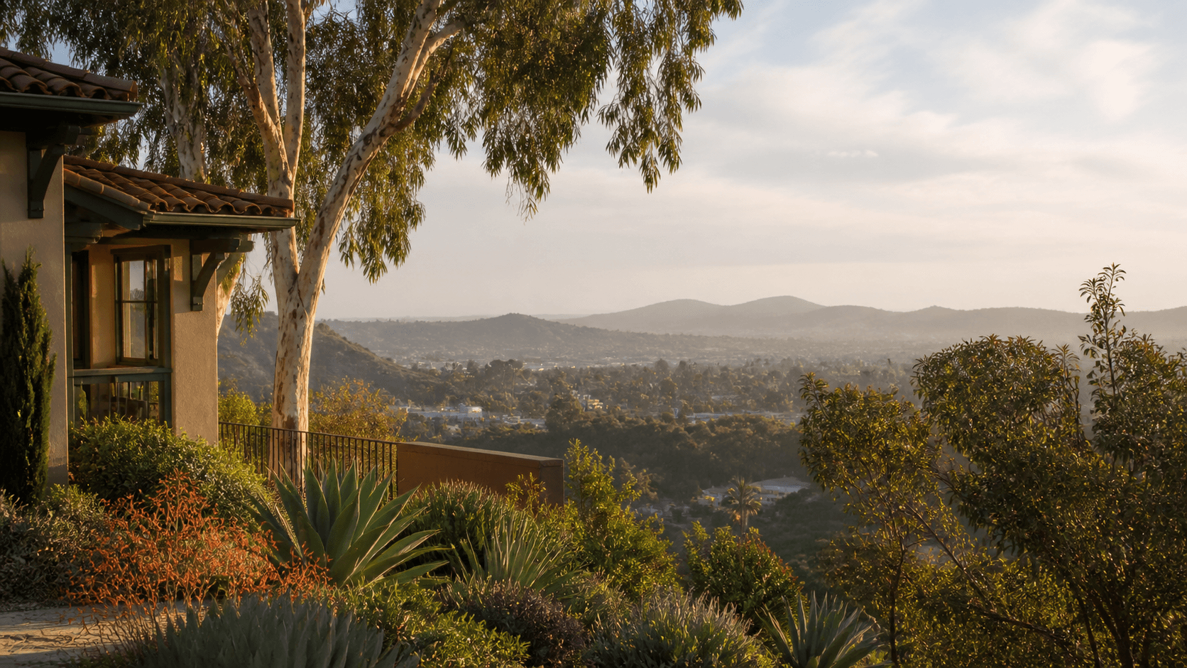 Illustrative canyon-edge garden and inland valley view inspired by Mission Hills' hillside setting.
