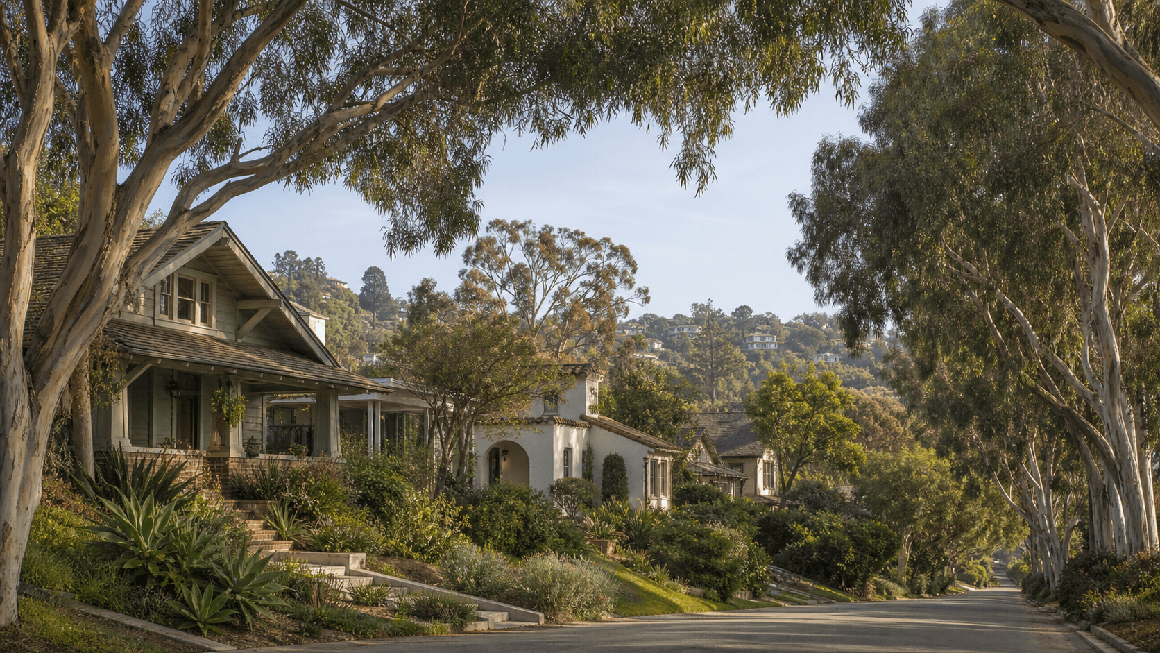 Illustrative Mission Hills residential street beneath mature eucalyptus and historic homes.