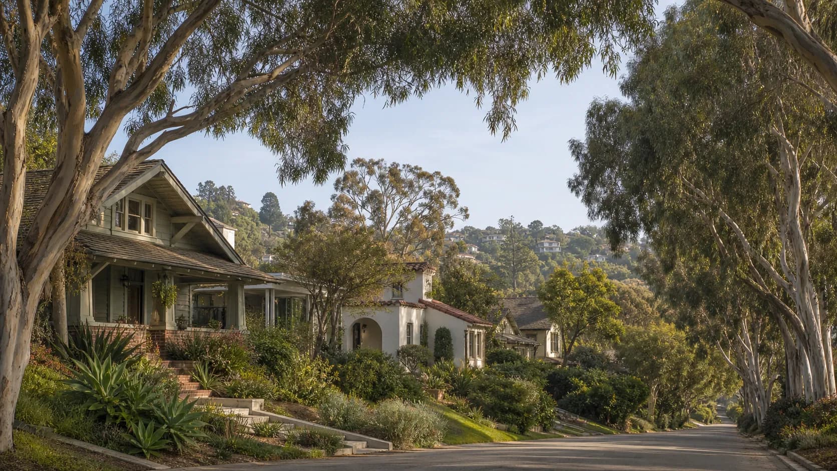 Illustrative Mission Hills residential street beneath mature eucalyptus and historic homes.