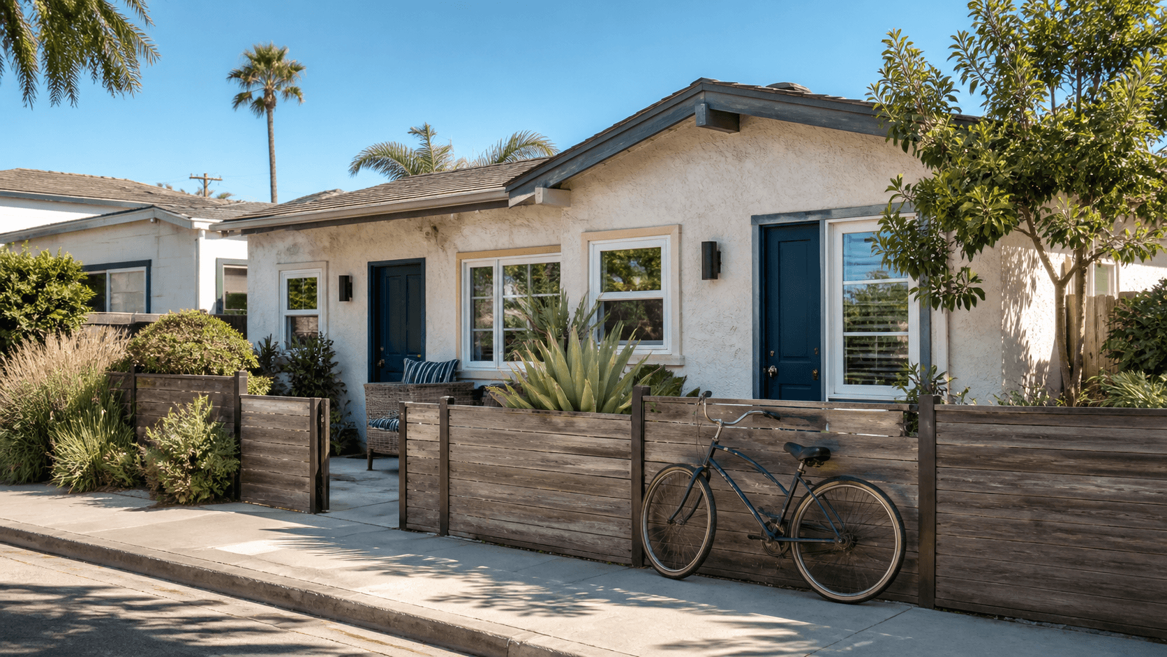 Illustrative mid-century beach bungalow with a bicycle and small planted patio, inspired by Pacific Beach.
