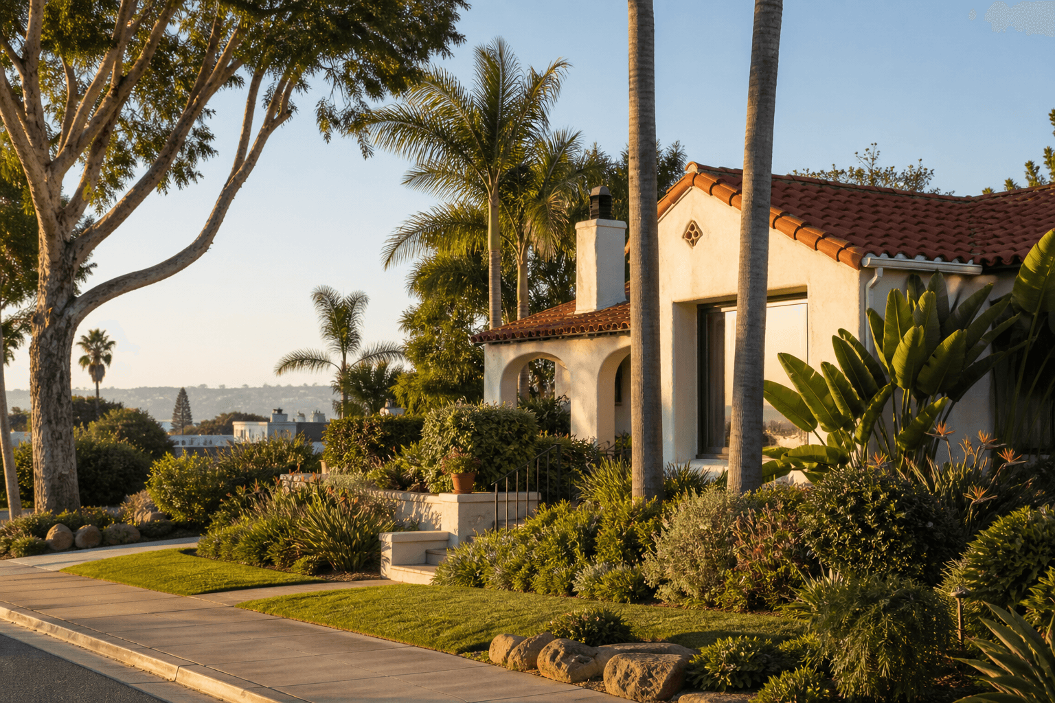 Illustrative Spanish Revival home with palms and mature landscaping inspired by Point Loma's residential setting.