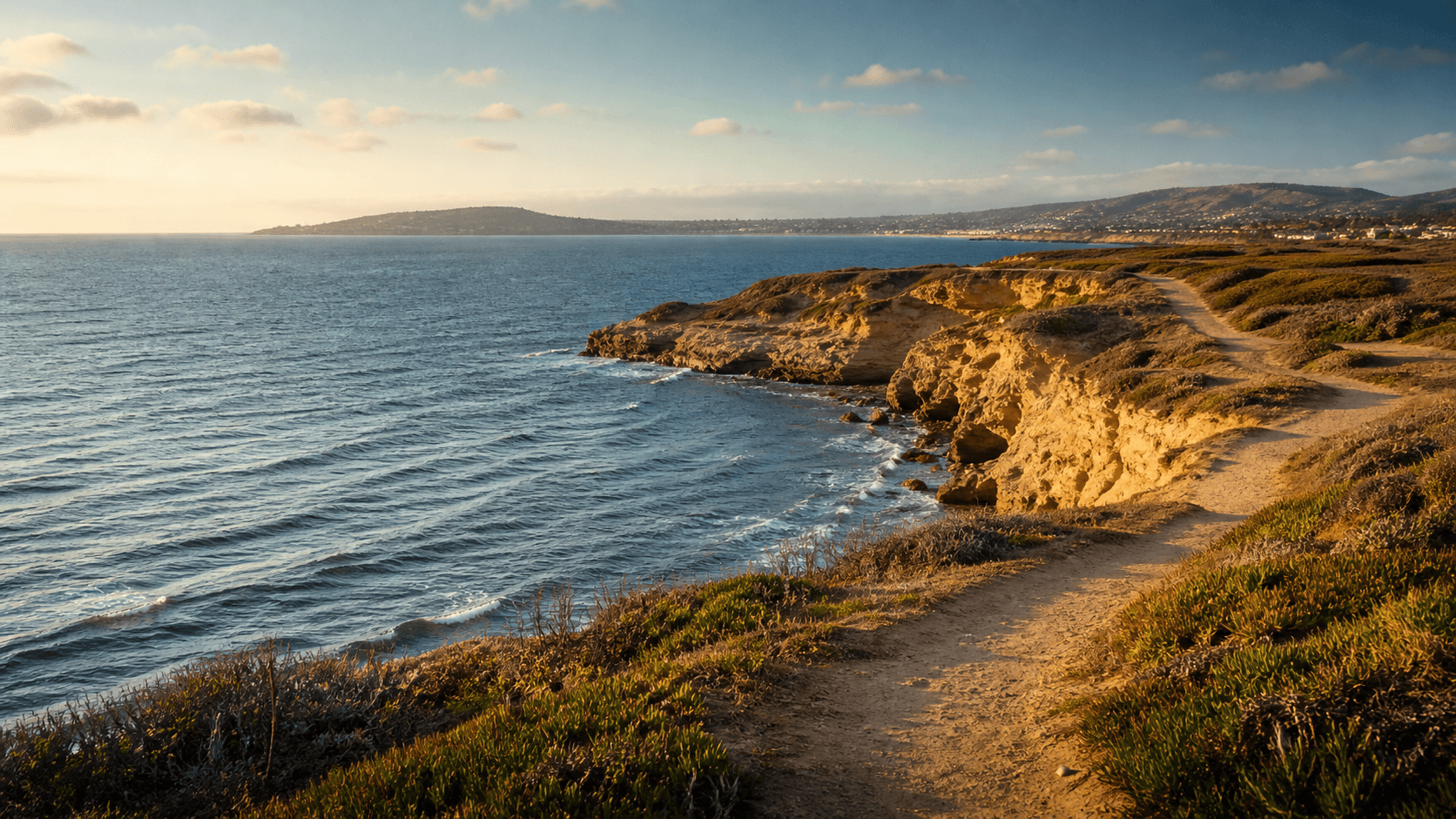Illustrative sandstone coastal trail and Pacific shoreline inspired by Point Loma and Sunset Cliffs.