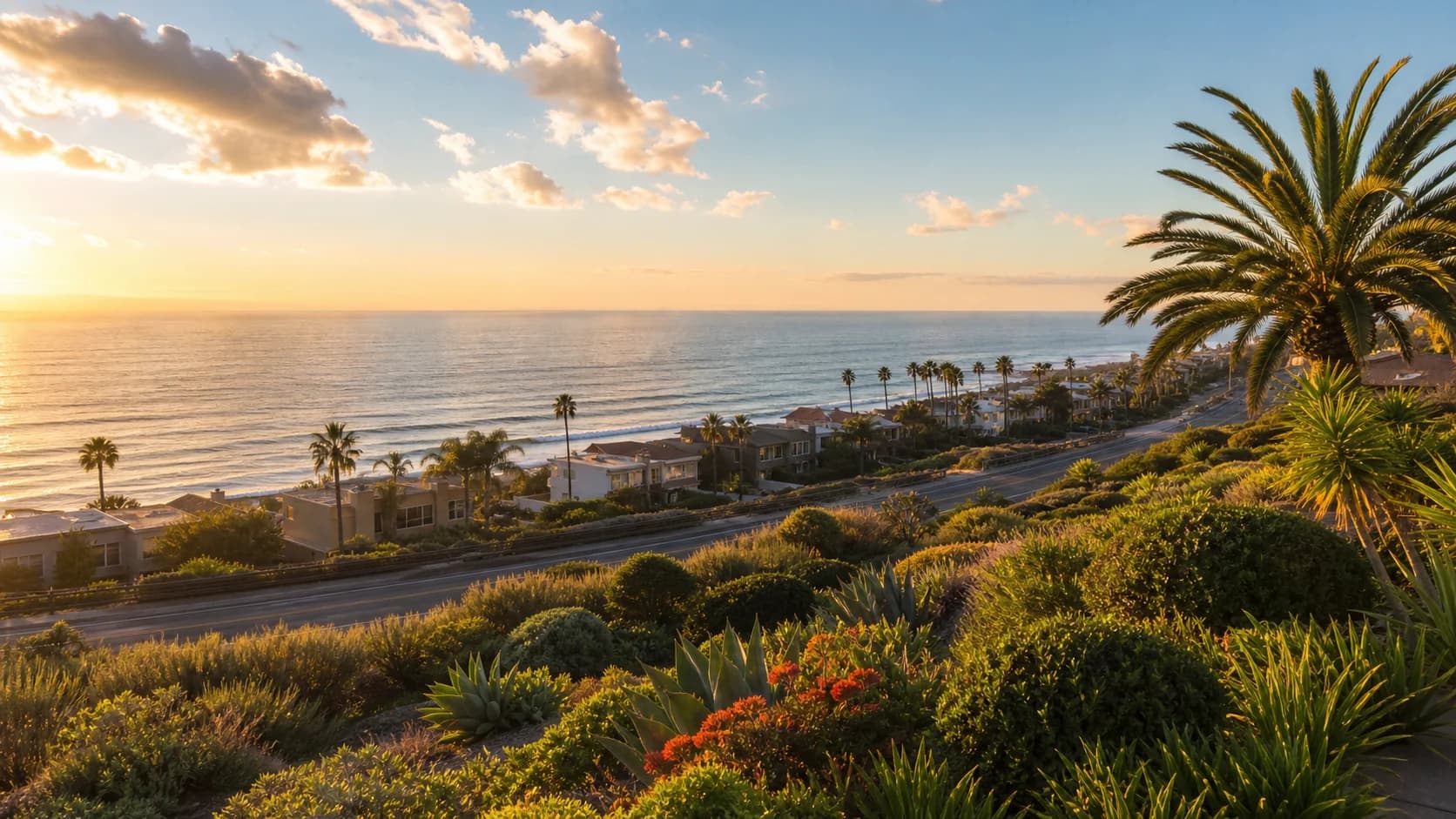 Illustrative Encinitas coastal overlook with palms, native landscaping, homes, and the Pacific.