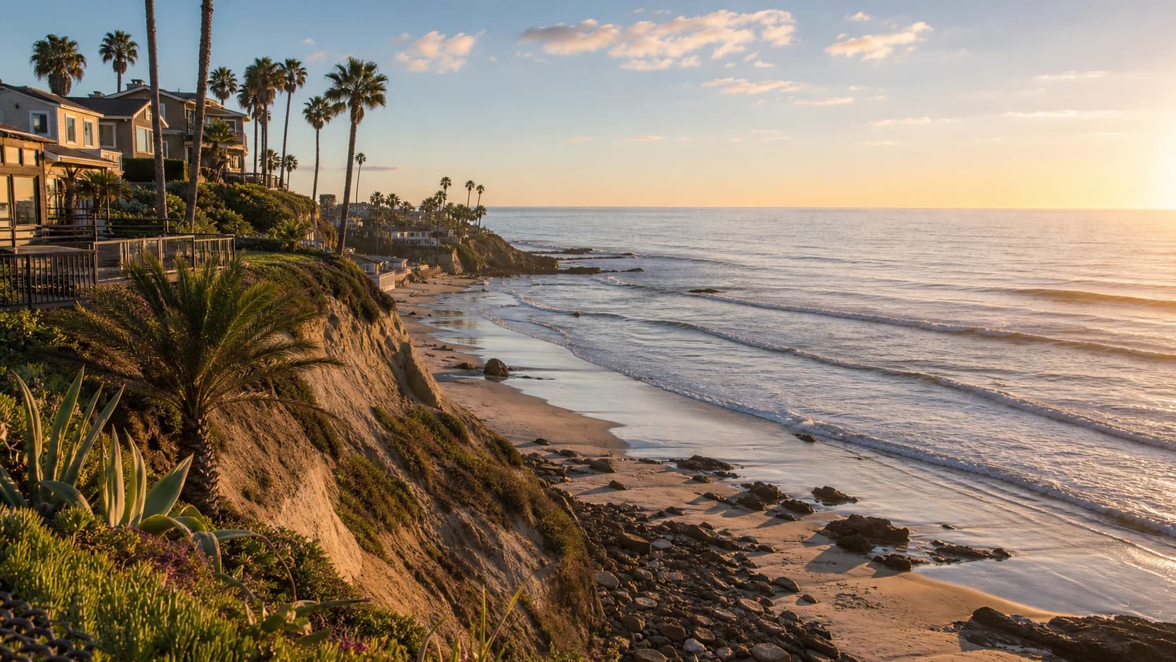 Illustrative coastal bluff homes and Pacific shoreline inspired by Solana Beach.